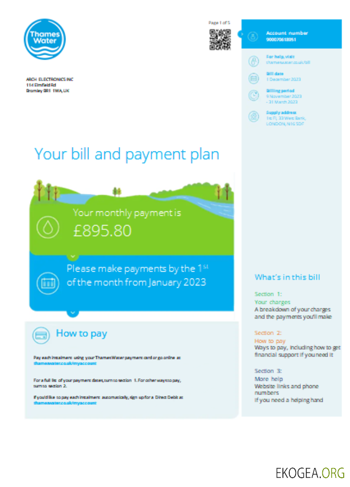 Facture commerciale du service public de Thames Water SCR